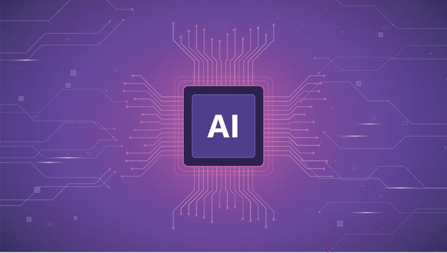 AI Chip on Circuit Board Background: A stylized representation of artificial intelligence, with AI prominently displayed on a microchip at the center.