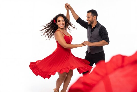 Happy couple dancing salsa in a flowing red dress, isolated on transparent background