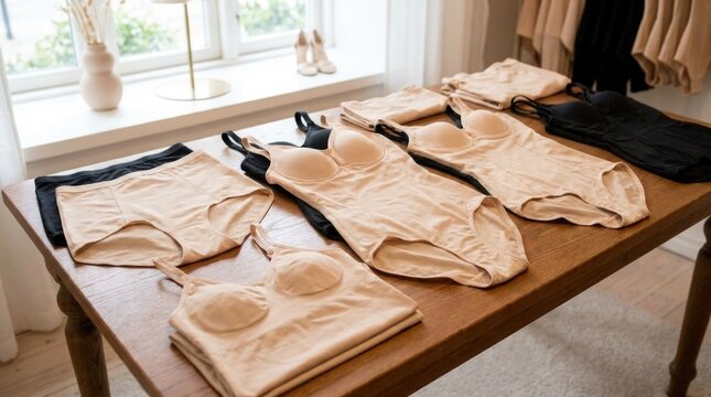 Shapewear bodysuit, nude compression garment, high waist slimming brief, seamless supportive camisole, elastic underwear displayed neatly atop wooden table inside fashion retail boutique.
