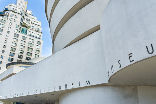 New York, NY, US-April 12, 2026: The front entrance of the iconic Solomon R. Guggenheim Museum on Fifth Avenue on the Upper East Side of New York, designed by the architect Frank Lloyd Wright.