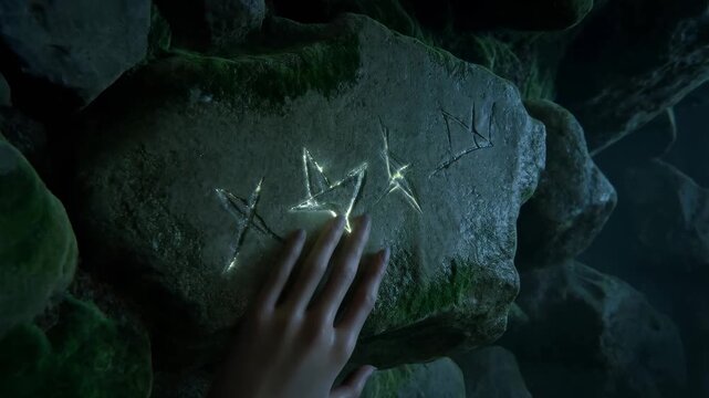 60 FPS Hand tracing glowing rune symbols carved into mossy stone wall in dark cave close up