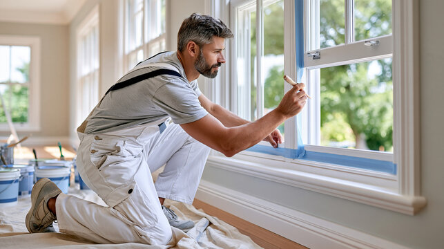 Professional painter preparing a room for renovation by applying masking tape around a window frame, drop cloth protecting the floor and paint supplies neatly arranged, bright