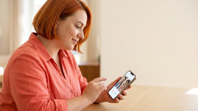 woman video calling family on smartphone at home with smile, concept of remote communication and connection