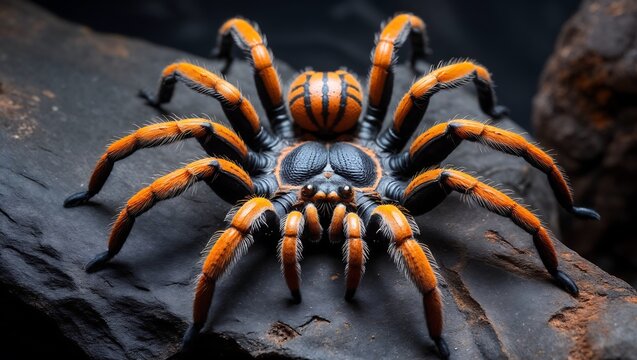 A large black and orange tarantula spider sitting on a dark piece of wood, showing intricate details of its hairy body and vibrant striped patterns