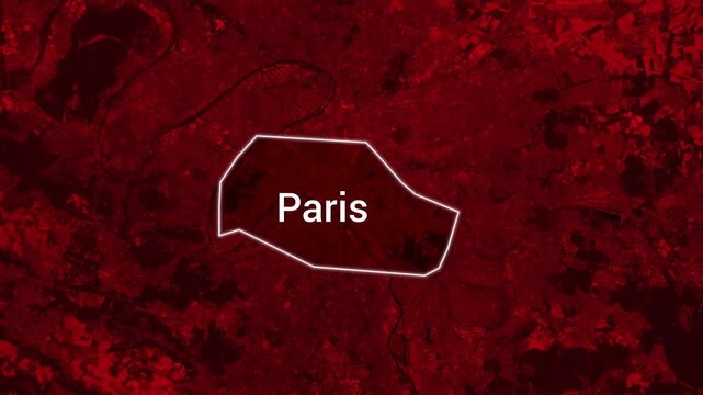 Glowing white border outlining Paris city on dark red satellite map
