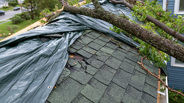 Residential roof damaged by fallen tree branches after a severe storm, broken shingles covered temporarily with a protective tarp, scattered debris visible in the yard, realistic