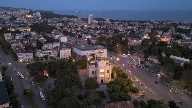 Dormition of the Theotokos Cathedral illuminated at twilight in Varna Bulgaria
