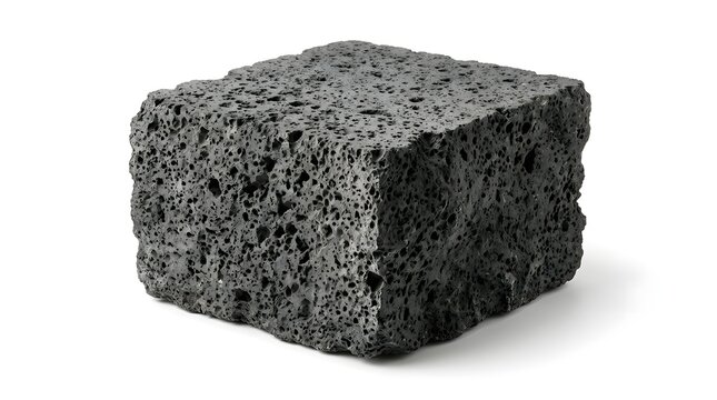 Dark porous volcanic rock shaped as solid cubic block featuring rough mineral texture and sharp edges