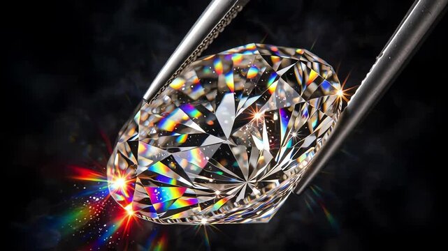 Close up of a large polished diamond held by tweezers tilting from side to side showing intense light scintillation and fire effects