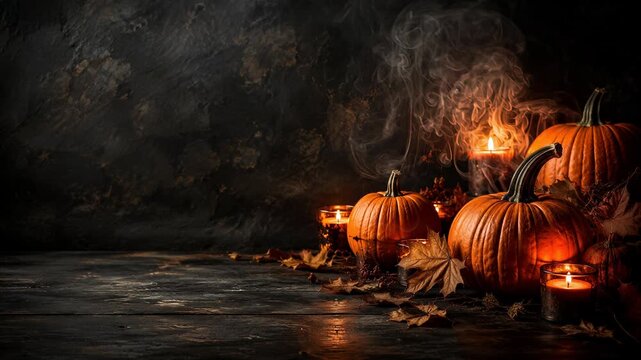 Halloween pumpkins and candle display on rustic table. Autumn holiday decoration. Seasonal fall still life. Copy space for greeting cards and banners.