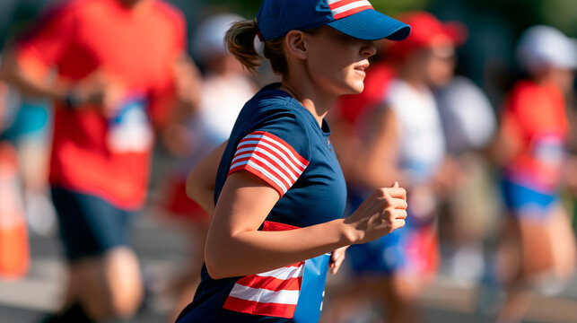 Faceless 5K race participants wearing patriotic-style costumes, fun run, with copy space