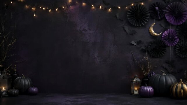 Halloween still life with pumpkins, bats and paper fans framing dark copy space. Spooky autumn holiday background. Seasonal party decoration. Gothic banner design.
