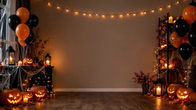 Halloween party backdrop with carved pumpkins, balloons and cobwebs. Festive seasonal interior decoration. Empty center wall for copy space. Spooky celebration and event setting.