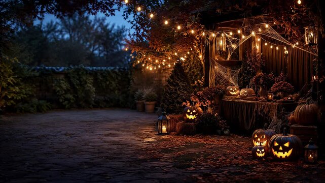 Halloween pumpkins decorate a rustic garden market at dusk. Spooky autumn holiday display. Seasonal outdoor decor and celebration. Copy space.