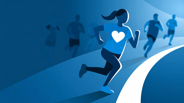 Charity run icon set with marathon events, fundraising, donations, community support and awareness campaign concepts in monochrome blue style, with copy space