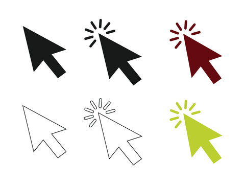 Computer mouse cursor arrow and click icon set in outline, solid, and color styles vector illustration
