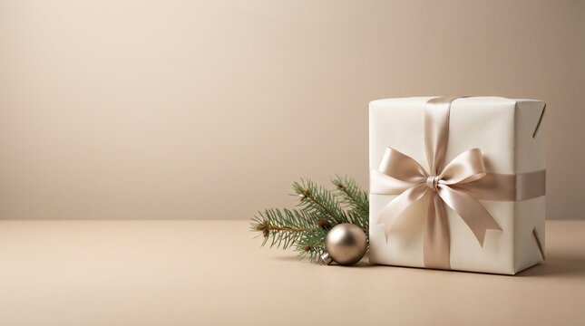 A beautifully wrapped gift box with a satin ribbon sits beside a festive sprig of evergreen and a silver ornament, evoking the spirit of holiday cheer and thoughtful giving.
