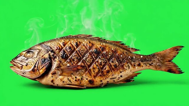 Freshly grilled whole fish with grill marks and rising steam isolated on a chroma key green screen background for easy compositing