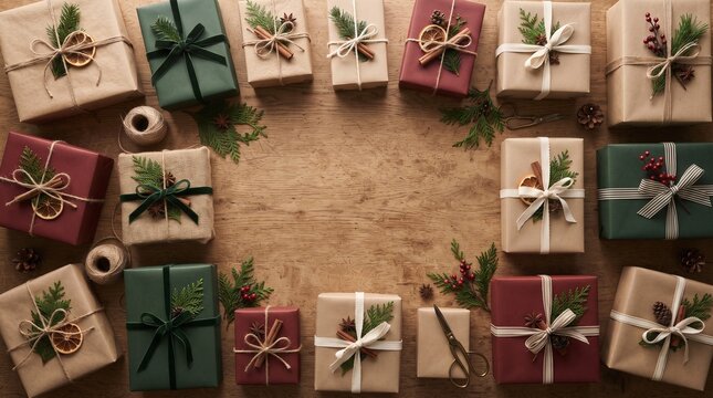 A collection of beautifully wrapped gift boxes, adorned with natural elements like pinecones and dried orange slices, are artfully arranged on a rustic wooden surface.