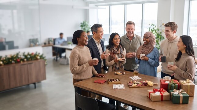 A diverse group of colleagues enjoys a festive office gathering, sharing smiles and conversation over coffee and snacks amidst holiday decorations and gift-wrapped presents.