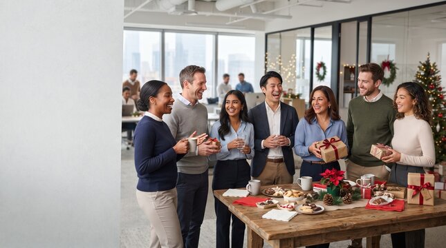 A diverse group of smiling colleagues celebrates the holiday season in a modern office, sharing gifts and festive treats around a decorated table, embodying a spirit of camaraderie and festive cheer.