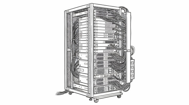 Server rack flat vector illustration of data network equipment