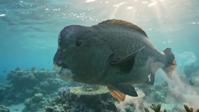Tracking shot of large bumphead parrotfish swimming and grazing over coral reef in shallow tropical ocean with sun rays