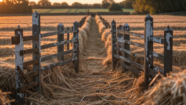 Open rustic gates leading into a golden harvested field