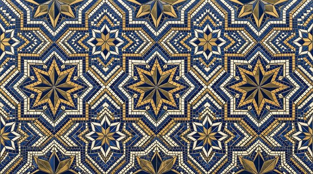 Ornate moroccan style mosaic pattern featuring geometric star shapes and intricate tile work in blue and gold colors