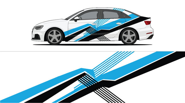 Car Wrap Design with Dynamic Racing Livery in Blue Black and White