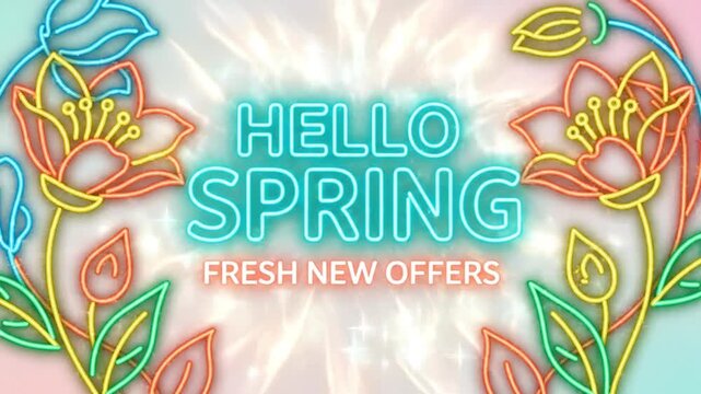 Neon spring text glowing brightly surrounded by colorful floral designs and sparkling lights on gradient background
