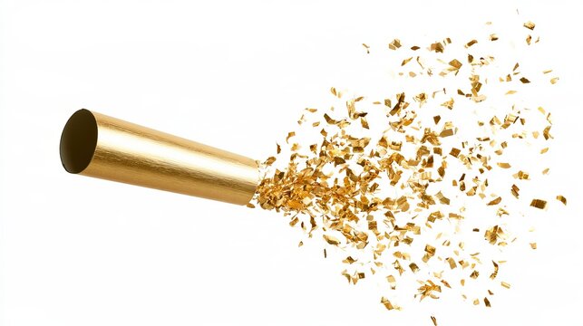 Golden confetti bursts from metallic cannon, signifying celebration and success, a delightful concept for joyful moments