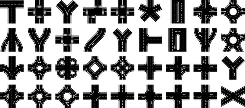 Road intersection icons set with top view highway junctions, roundabouts, crossroads, cloverleaf interchange and street traffic maps
