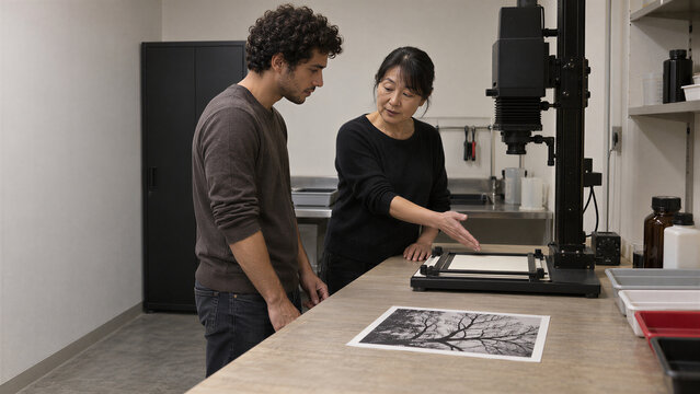 Tutor introducing the photographic paper printing station to a beginner beside an idle darkroom enlarger and easel with a dry monochrome tree print on the bench