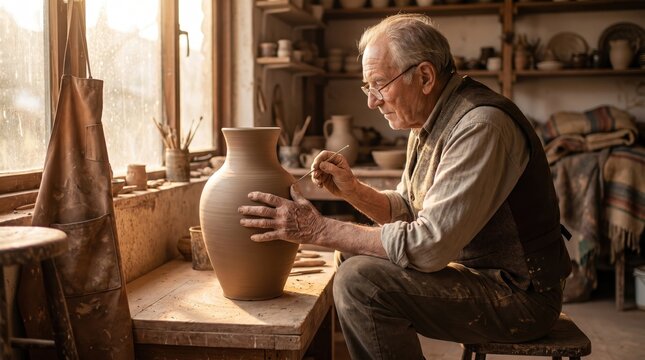 senior caucasian man carving large clay vase in rustic workshop. master potter working on ceramic art. traditional authentic craft, creative hobby. website header, banner with copyspace.