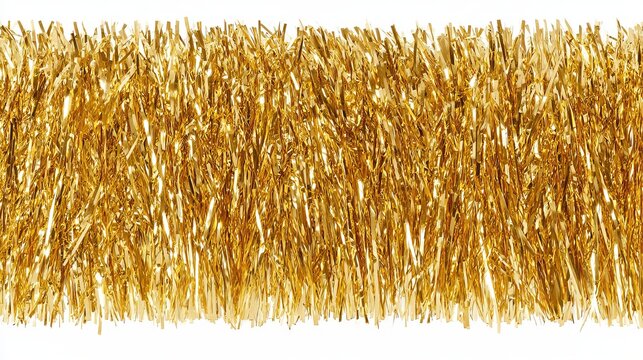 Golden tinsel strands sparkle brightly, offering a shimmering texture, ideal for festive decorations and craft projects