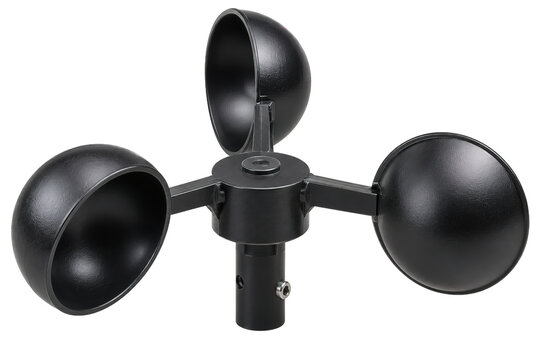Black three-cup anemometer wind measurement instrument close-up