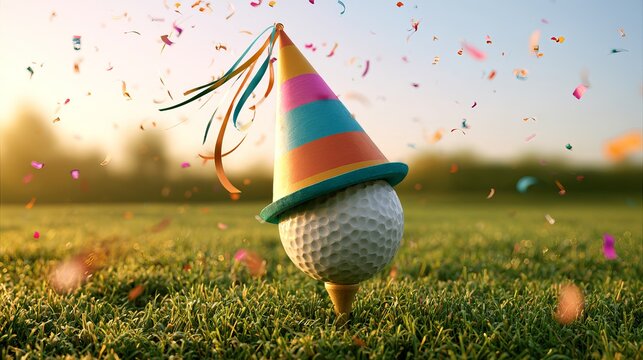A playful golf ball balanced atop a festive party hat on lush green grass, celebrating victory with vibrant confetti
