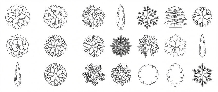 Tree Symbols Collection, Black Outline Botanical Vector Set for Landscape Architecture, CAD Site Plans and Urban Design