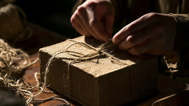 Hands carefully tying twine around a rustic brown package, creating a cozy, vintage, handmade gift wrapping concept