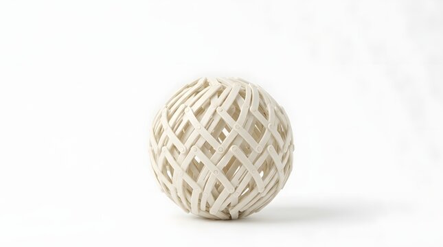 Intricate white geometric sphere made of interlocking plastic segments isolated against a bright studio background