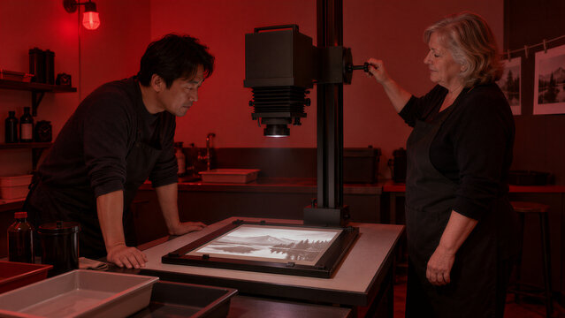 An adult learner turns the enlarger height crank while a tutor watches the projected landscape to explain print size during a red safelight darkroom workshop