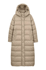 Long beige quilted puffer coat with a hood and pockets, photographed frontally on a clean white background © no one