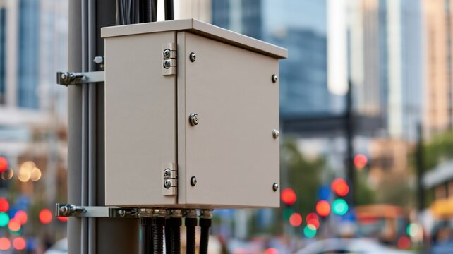 Metal junction box mounted on utility pole with cables in city street environment