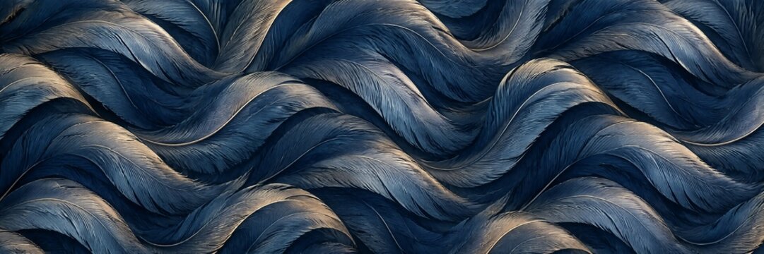 Detailed close up of overlapping dark blue and gold feathers forming a wavy pattern