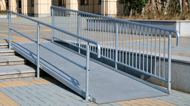Metal accessibility ramp with handrails next to stairs in urban outdoor area