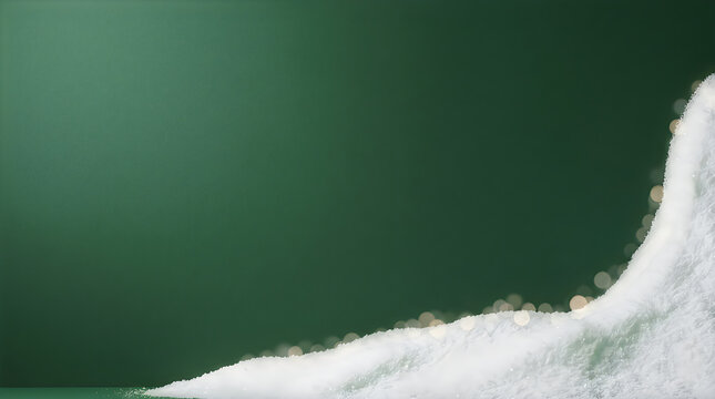 Snow drift on a green surface with blurred golden lights for a festive seasonal holiday display christmas background