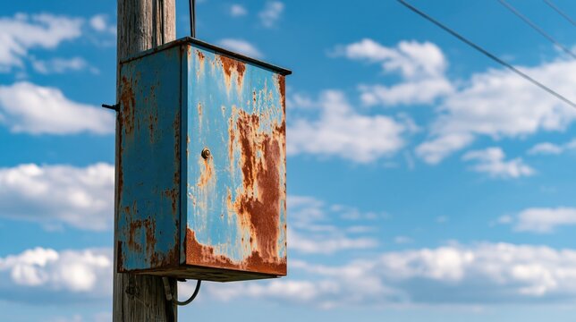 Old rusty blue metal electrical box mounted on weathered wooden pole against cloudy sky