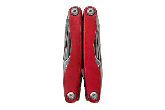 Compact red multi-tool with various folded implements is centrally positioned on a clean white background, showcasing its utilitarian design