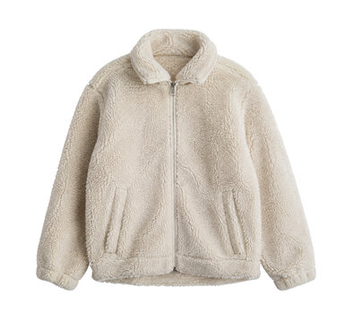 Cozy cream-colored sherpa fleece jacket with a full zipper and a soft collar, photographed flat on a clean white background